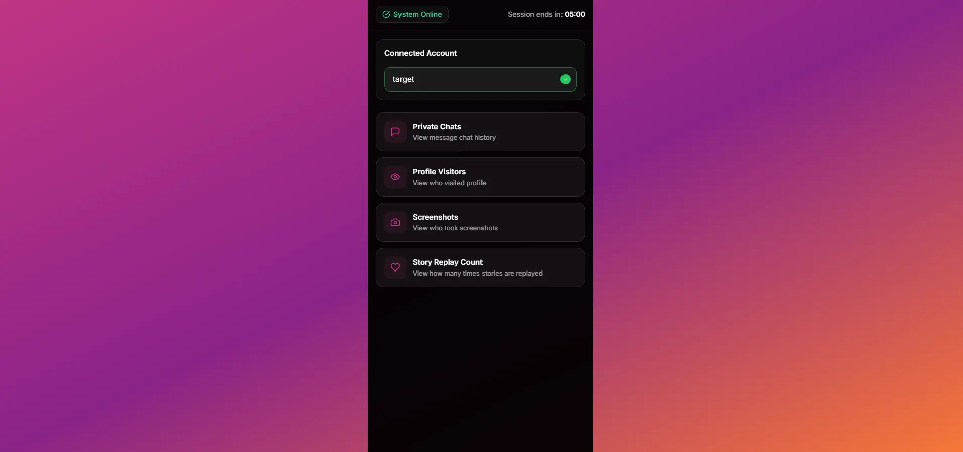 A screenshot of the Instatroid 2.0 app interface showing its ability to unlock and display private Instagram chat histories anonymously.